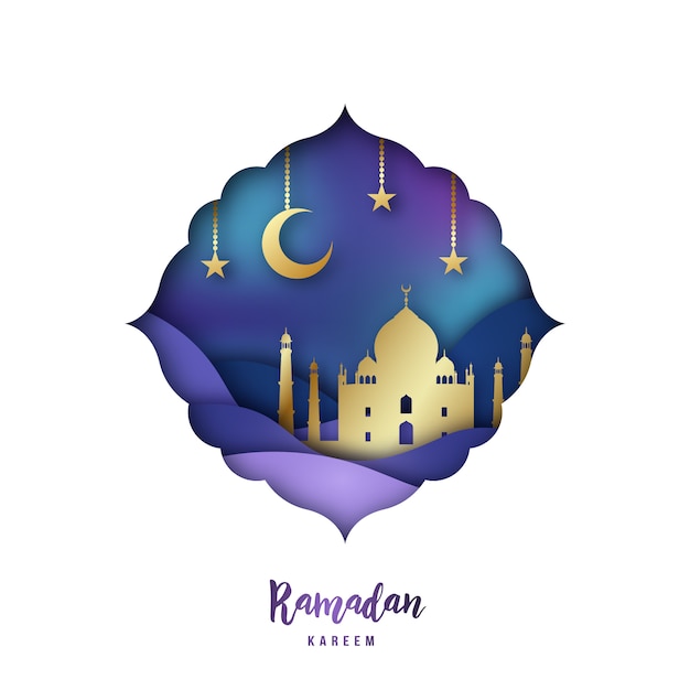 Illustrazione di Ramadan Kareem con arabi Origami Mosque.