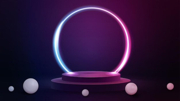 Illustrazione di rendering 3D con scena rosa e blu con sfere realistiche e grande anello al neon sfumato attorno al podio.