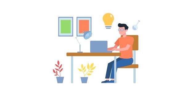 Illustrazione di riunione d'affari online. Corso on line. Uomo che fa una teleconferenza con il suo team aziendale online