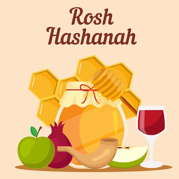 illustrazione di rosh hashanah design piatto vettoriale con mela melograno e miele