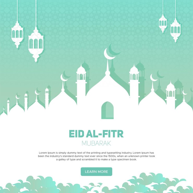 Illustrazione di saluto di eid alfitr piatto realistico con lampada e nuvola di moschea