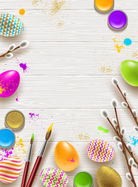 Illustrazione di saluto di Pasqua con rami di salice e uova multicolori su fondo di legno