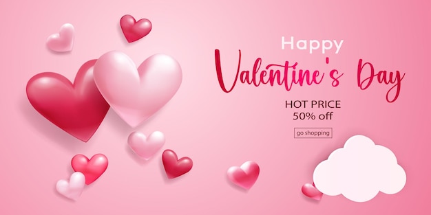 Illustrazione di San Valentino con cuori rossi e nuvole di carta su sfondo rosa