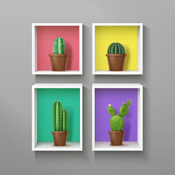 Vettore illustrazione di scaffali colorati quadrati e ractangle realistici con diversi tipi di cactus