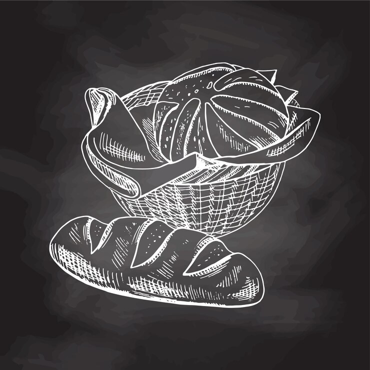 Vettore illustrazione di schizzo disegnato a mano del cesto di vimini con pagnotta di pane, priorità bassa della lavagna