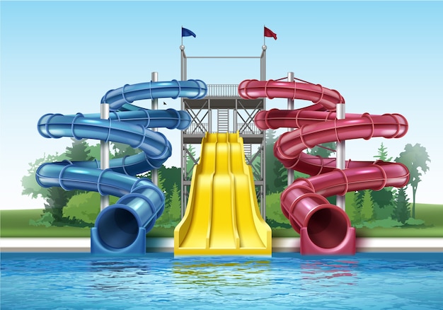 illustrazione di scivoli d'acqua in plastica colorata con piscina nel parco acquatico all'aperto