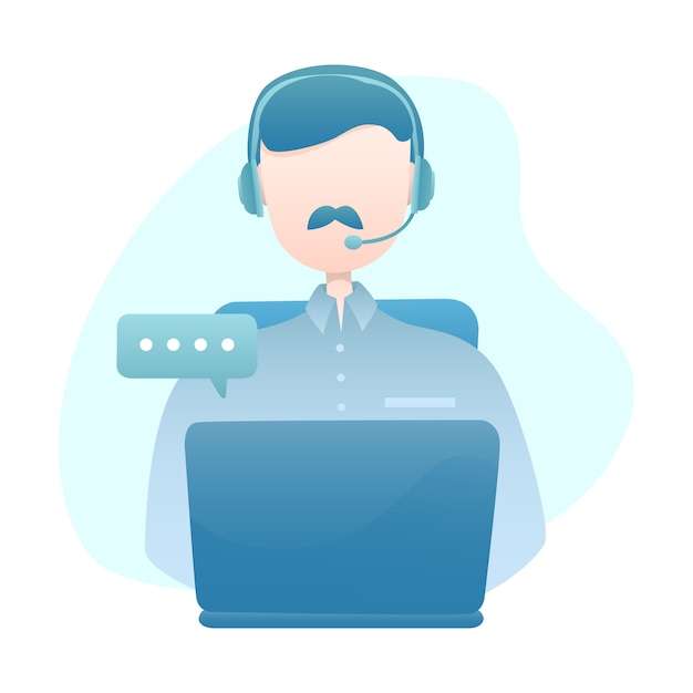 Illustrazione di servizio di assistenza al cliente con cuffia avricolare di usura dell'uomo che chiacchiera con il cliente tramite computer portatile