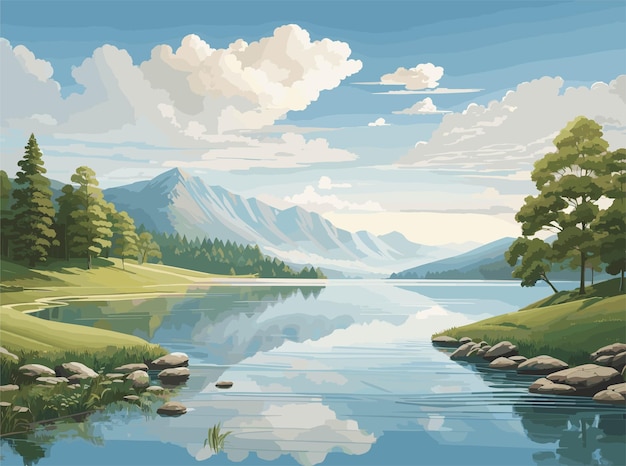 illustrazione di sfondo con un paesaggio naturale sereno scena pittoresca un lago tranquillo maestoso