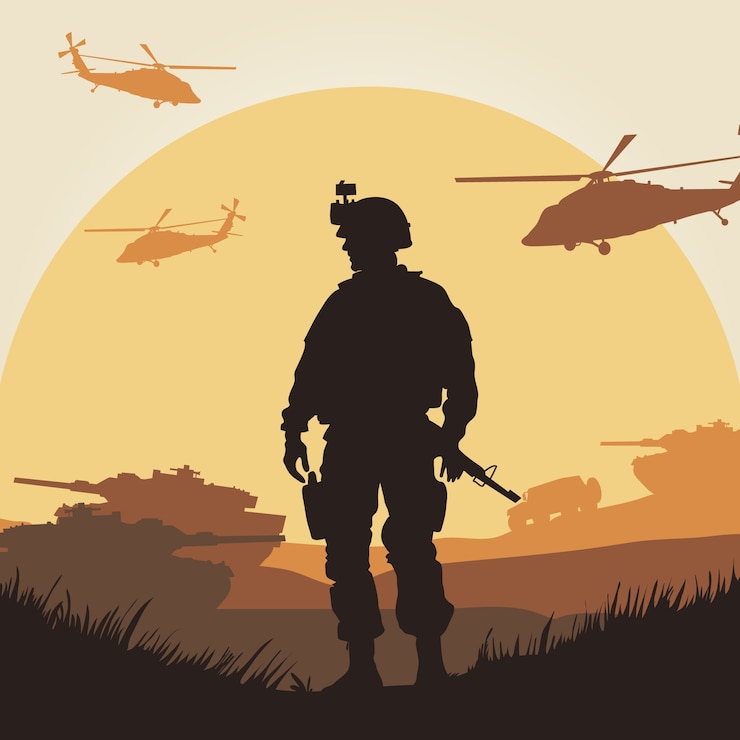 Vettore illustrazione di silhouette di guerra a disegno piatto