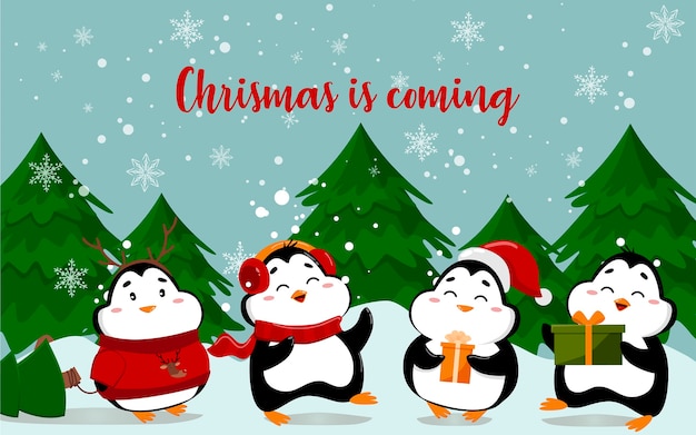 Illustrazione di simpatici pinguini con auguri di Natale