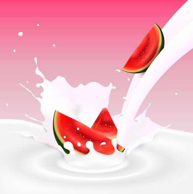 illustrazione di splash latte che scorre con fette di cocomero