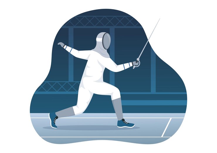 Vettore illustrazione di sport del giocatore di scherma con il combattimento dello schermidore e il duello con la spada in un fumetto piatto disegnato a mano