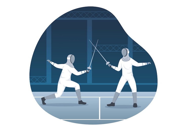 Vettore illustrazione di sport del giocatore di scherma con il combattimento dello schermidore e il duello con la spada in un fumetto piatto disegnato a mano
