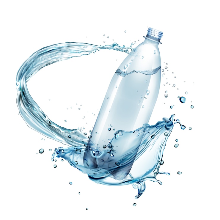 Vettore illustrazione di spruzzi d'acqua intorno alla bottiglia di plastica isolato su sfondo bianco