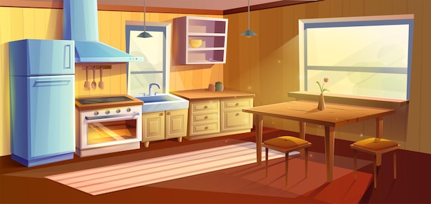 Illustrazione di stile del fumetto di vettore della stanza della cucina. Sala da pranzo con tavolo da pranzo in legno. Frigo, forno