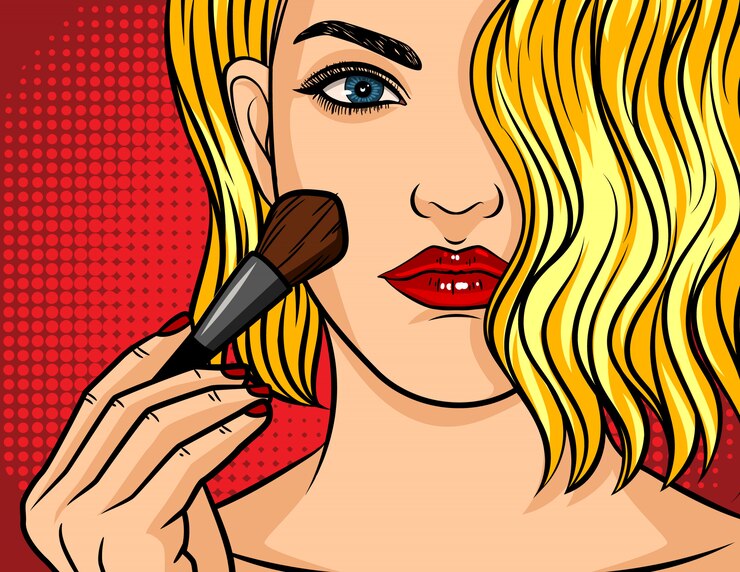 Vettore illustrazione di stile fumetto pop art, ragazza con rossetto rosso su rosso punteggiato
