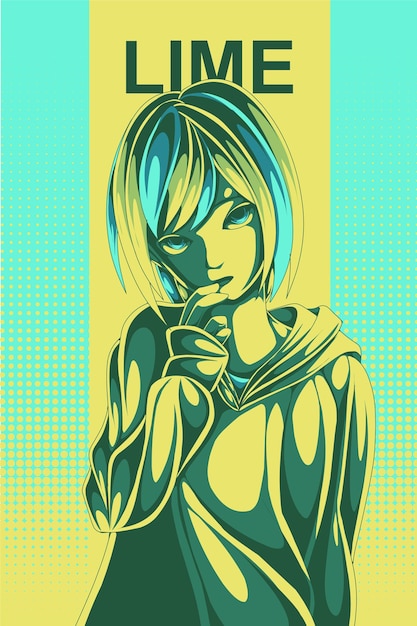 illustrazione di stile mezzetinte retrò ragazza anime lime