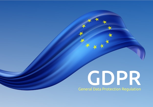 illustrazione di sventolando la bandiera dell'Unione europea con GDPR, regolamento generale sulla protezione dei dati su sfondo blu