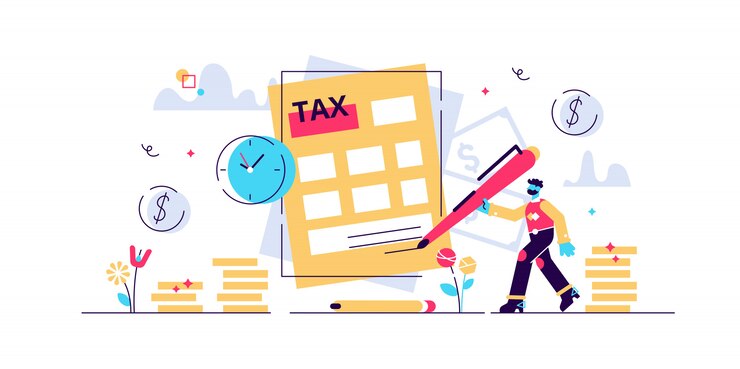 Illustrazione di tasse. concetto di piccole persone con ritardo di pagamento. Servizio finanziario per pagare i bisogni del governo. Scadenza fattura di informazione e addebito fine. Controllo di calcolo annuale nazionale.