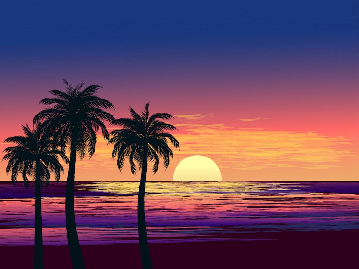 Vettore illustrazione di tramonto con palme