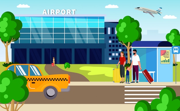 Illustrazione di trasferimento aeroporto, taxi e trasporto. Carattere del passeggero familiare con bagaglio in viaggio per viaggio, viaggio in auto.