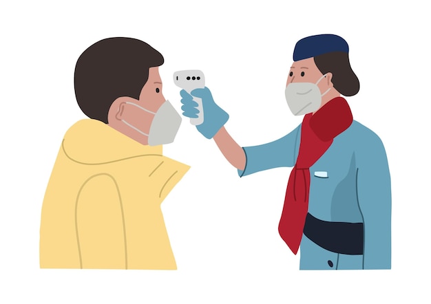 Illustrazione di un assistente di volo che misura la temperatura corporea A un uomo viene misurata la temperatura corporea La hostess misura la temperatura corporea del passeggero