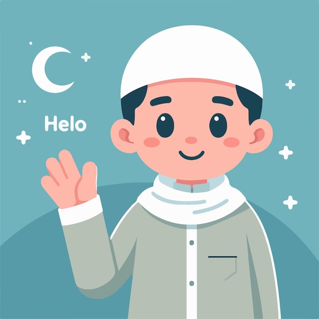 Illustrazione di un bambino musulmano che dice ciao con uno stile di design piatto semplice e minimalista