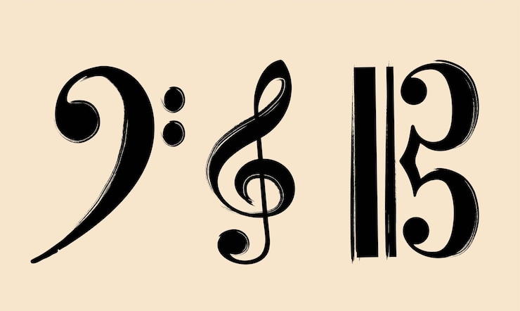 Vettore illustrazione di un basso fclef treble gclef contralto cclef segni di chiave di allitterazione musicale