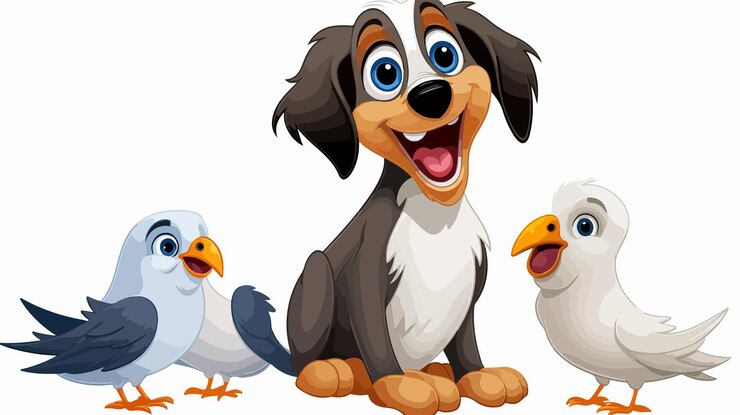 Vettore illustrazione di un cane con due uccelli artwork per progetti sulla fauna selvatica