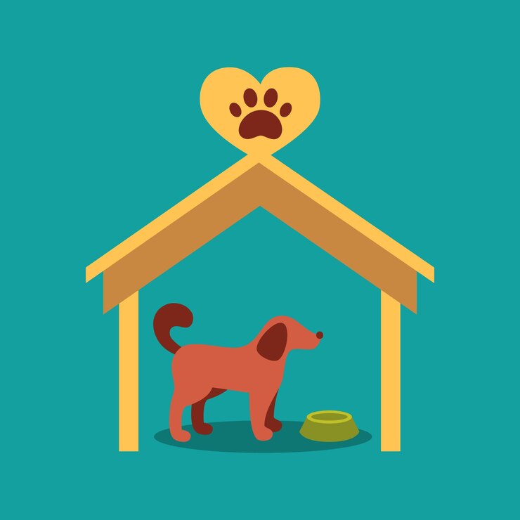 Vettore illustrazione di un cartello accanto a una casetta per cani con un cane
