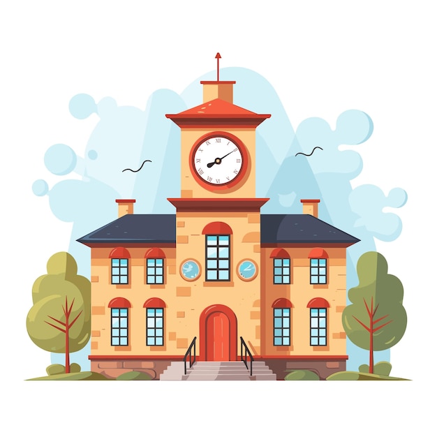 illustrazione di un edificio scolastico con torre dell'orologio e alberi