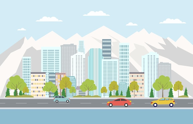 Illustrazione di un edificio urbano con un lago, un fiume e un'auto nel traffico stradale in una giornata di sole