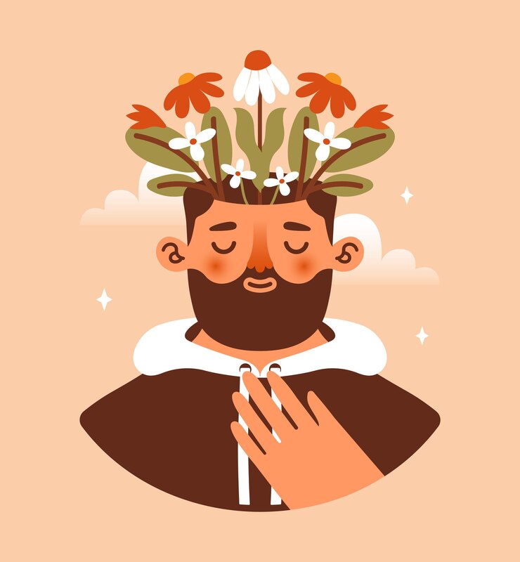 Vettore illustrazione di un giovane uomo barbuto con fiori e piante che crescono dalla testa