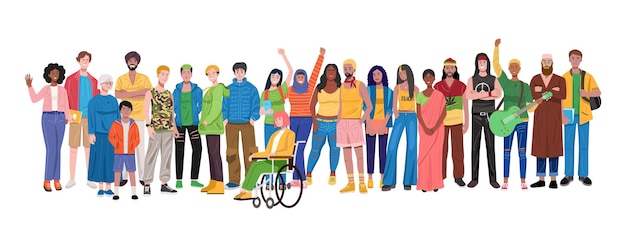 Illustrazione di un gruppo di persone multietniche diverse in piedi