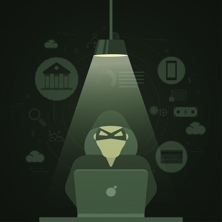 Vettore illustrazione di un hacker informatico, attacchi di cybertipi internet, concetto di fecondazione e frode, fondo di tecnologia fin-tech (tecnologia finanziaria).