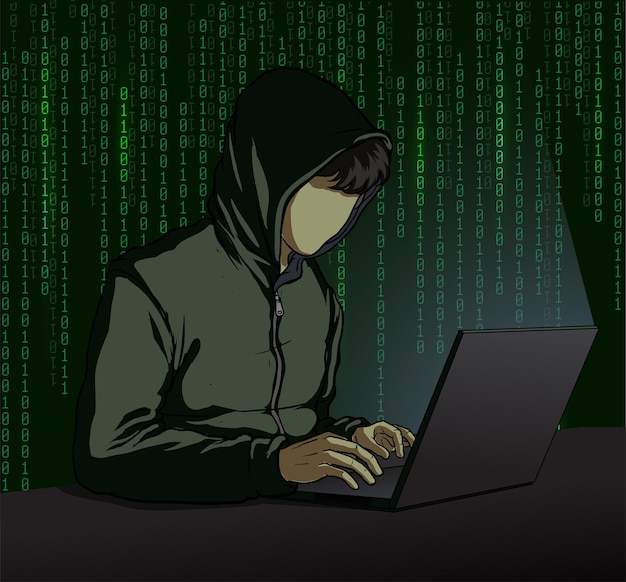 Illustrazione di un hacker su un portatile e background di codice binario