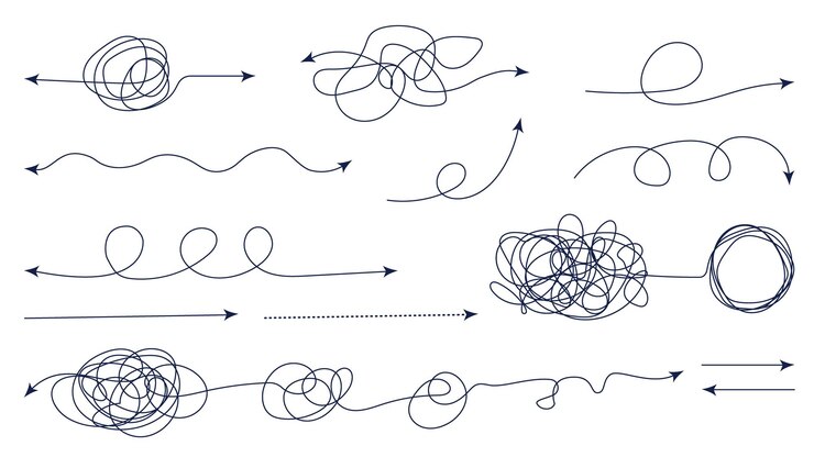 Vettore illustrazione di un insieme di linee, linee aggrovigliate con frecce, risoluzione del caos. le linee aggrovigliate si trasformano in