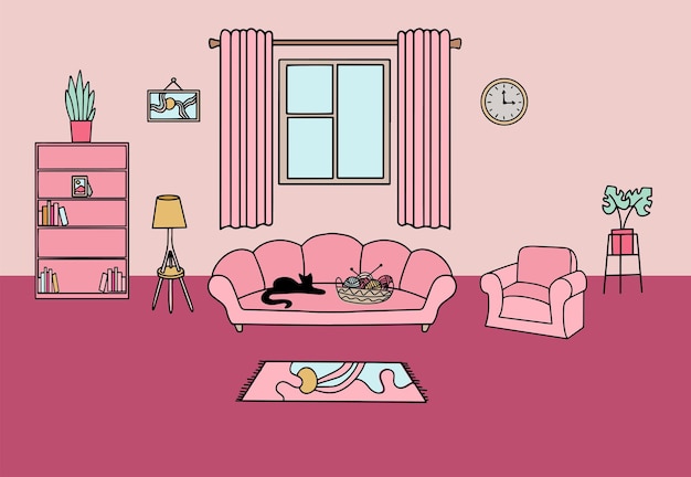Illustrazione di un interno del soggiorno in illustrazione vettoriale rosa