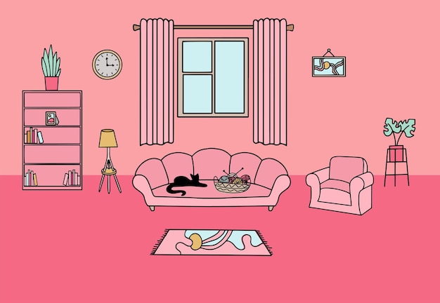 Illustrazione di un interno del soggiorno in rosa Illustrazione vettoriale