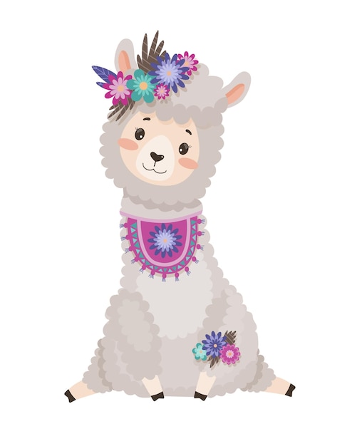 Illustrazione di un lama su sfondo bianco Simpatico personaggio per bambini in costume Stampa animale per vestiti e giocattoli per bambini