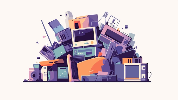 Vettore illustrazione di un mucchio di vettori di rifiuti elettronici per la consapevolezza del riciclaggio