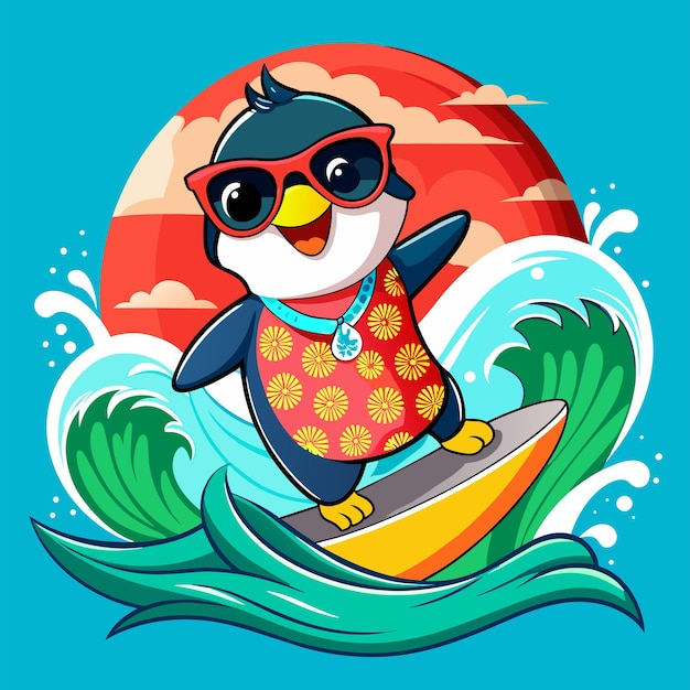 Illustrazione di un pinguino che fa surf sulla grande onda