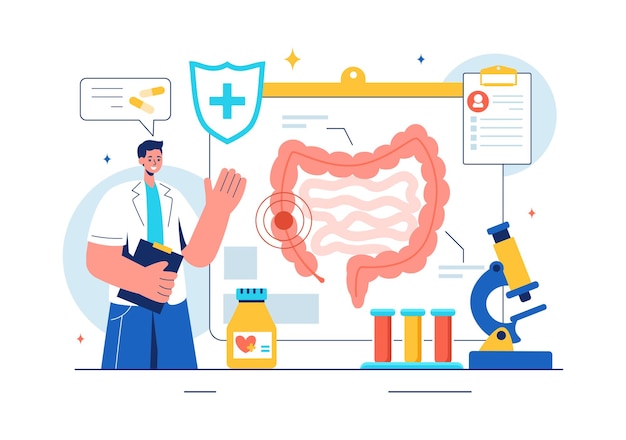 Illustrazione di un proctologo o di una colonoscopia con un medico che esamina il colon e mostra batteri nocivi su uno sfondo a cartone animato di stile piatto