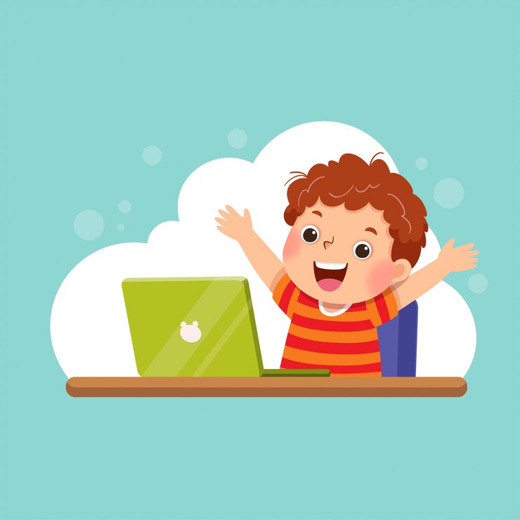 Vettore illustrazione di un ragazzo cartone animato con il suo laptop che esprime il suo successo. concetto di educazione.