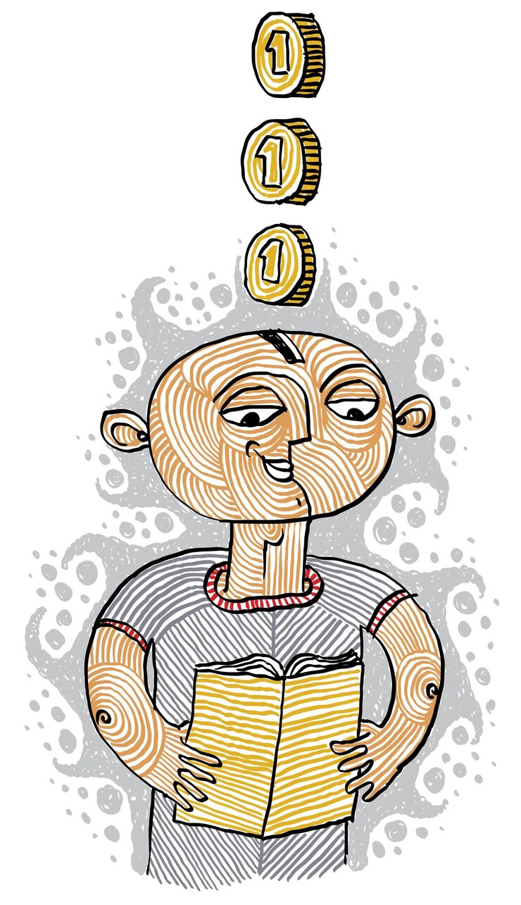 Vettore illustrazione di un ragazzo che legge un libro. quadro concettuale di educazione e apprendimento, investi nelle tue conoscenze, investi nel tuo tema futuro.