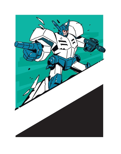 Illustrazione di un robot che si trasforma con un'arma Il robot cyborg è un cartone animato