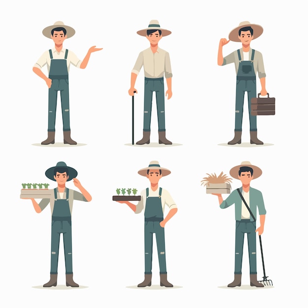 Illustrazione di un set di agricoltori a corpo intero con uno stile di design piatto