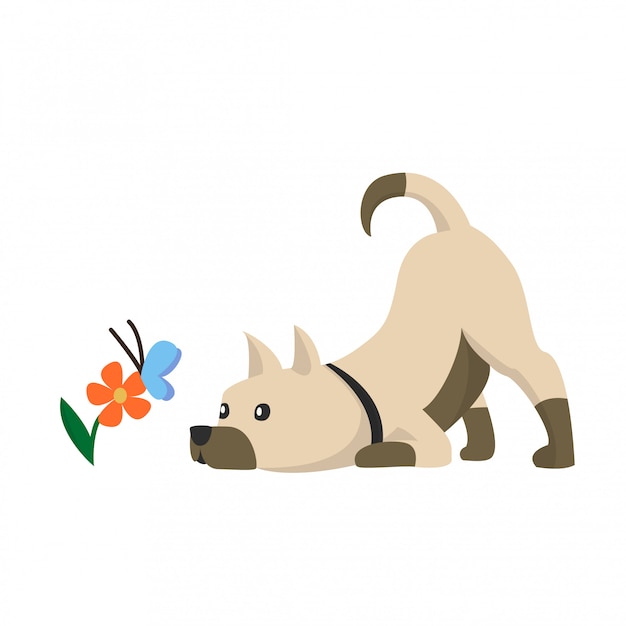 Illustrazione di un simpatico cagnolino con fiori e farfalle.