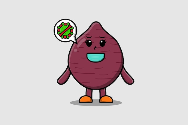 Illustrazione di un simpatico cartone animato Patata dolce con maschera per prevenire il virus in un grazioso design in stile moderno