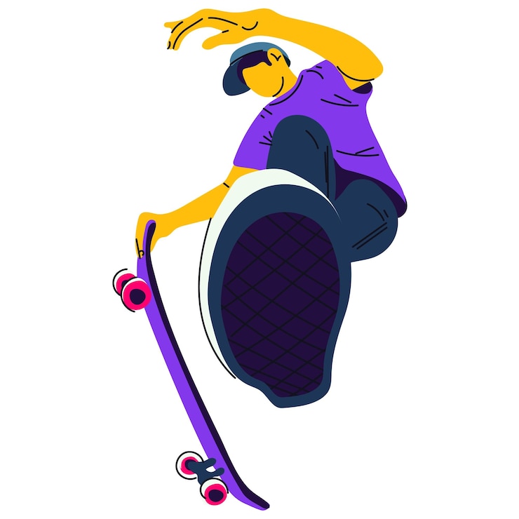 Vettore illustrazione di un tizio con uno skateboard che esegue un salto di skateboard su uno skateboard bianco